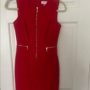 Calvin Klein Red Midi Dress with Gold Accents